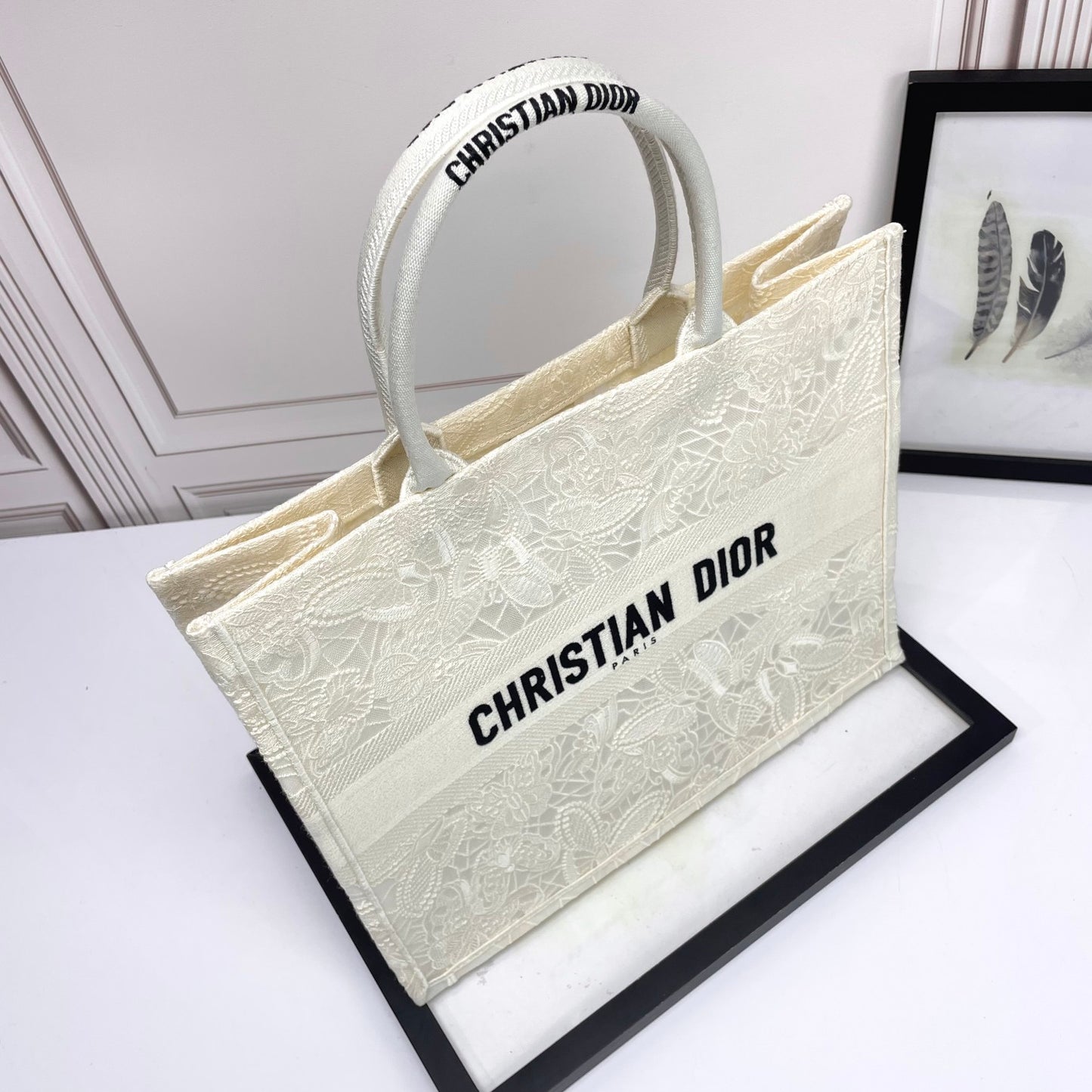 Dior Large Cream Floral Embroidered Canvas Tote Bag with Top Handles