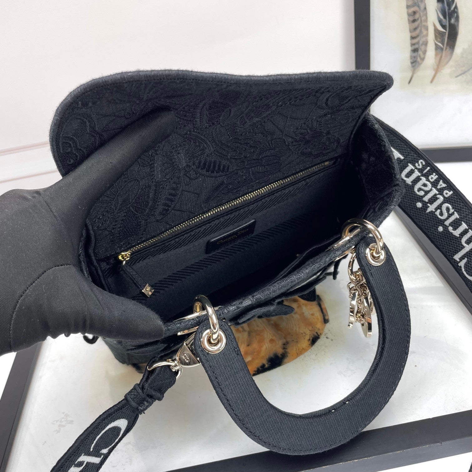 Christian Dior Lady D-Lite Bag - Black Embroidered Canvas Handbag