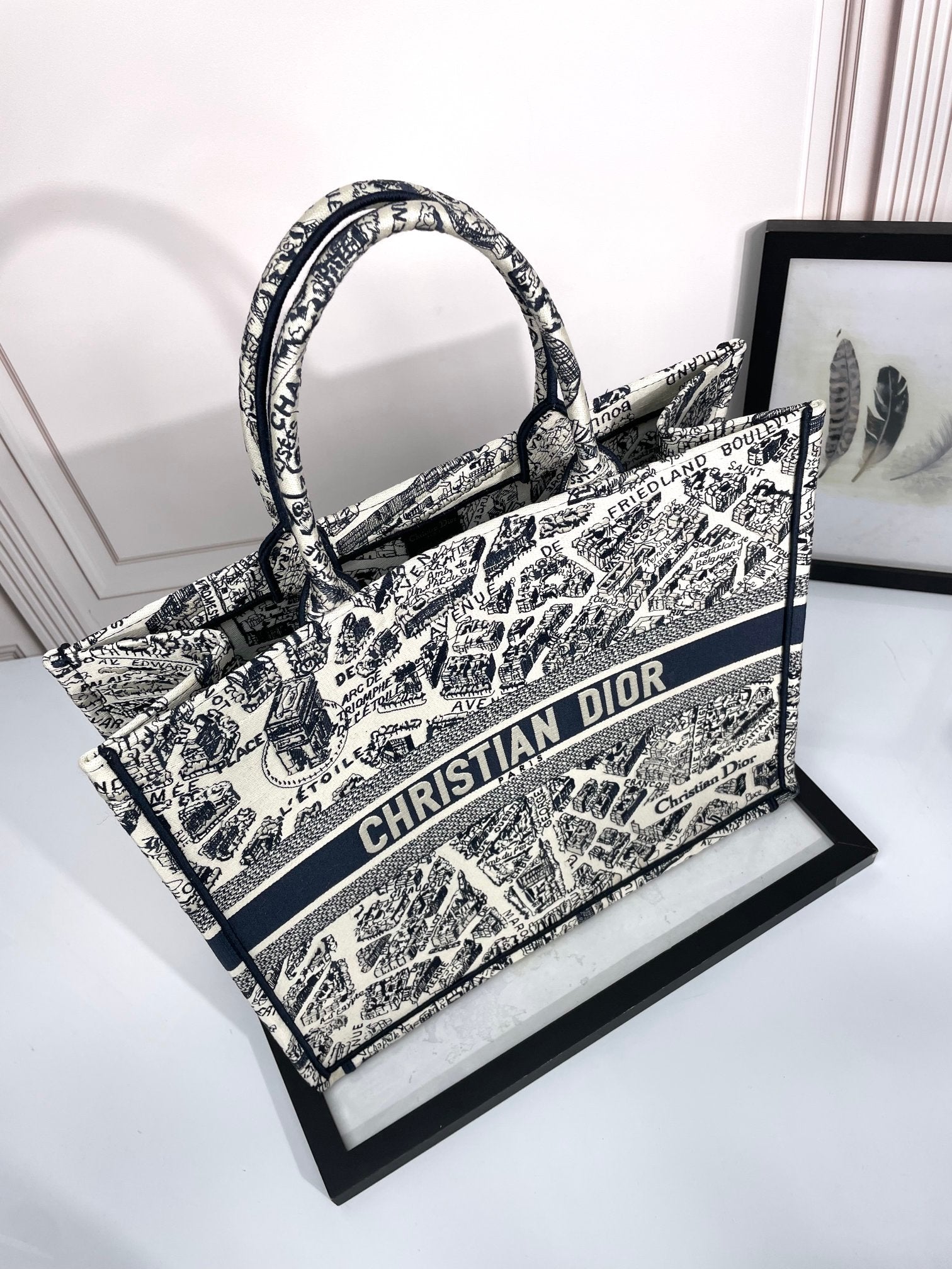 Dior Monochrome City Map Sketch Canvas Tote Handbag with Top Handles