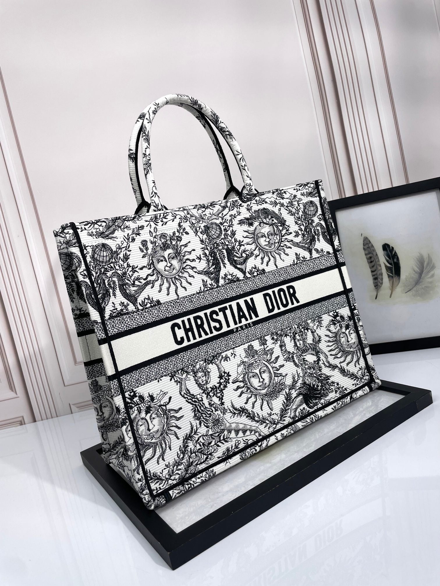 Christian Dior Large Book Tote Black and White Zodiac Embroidery