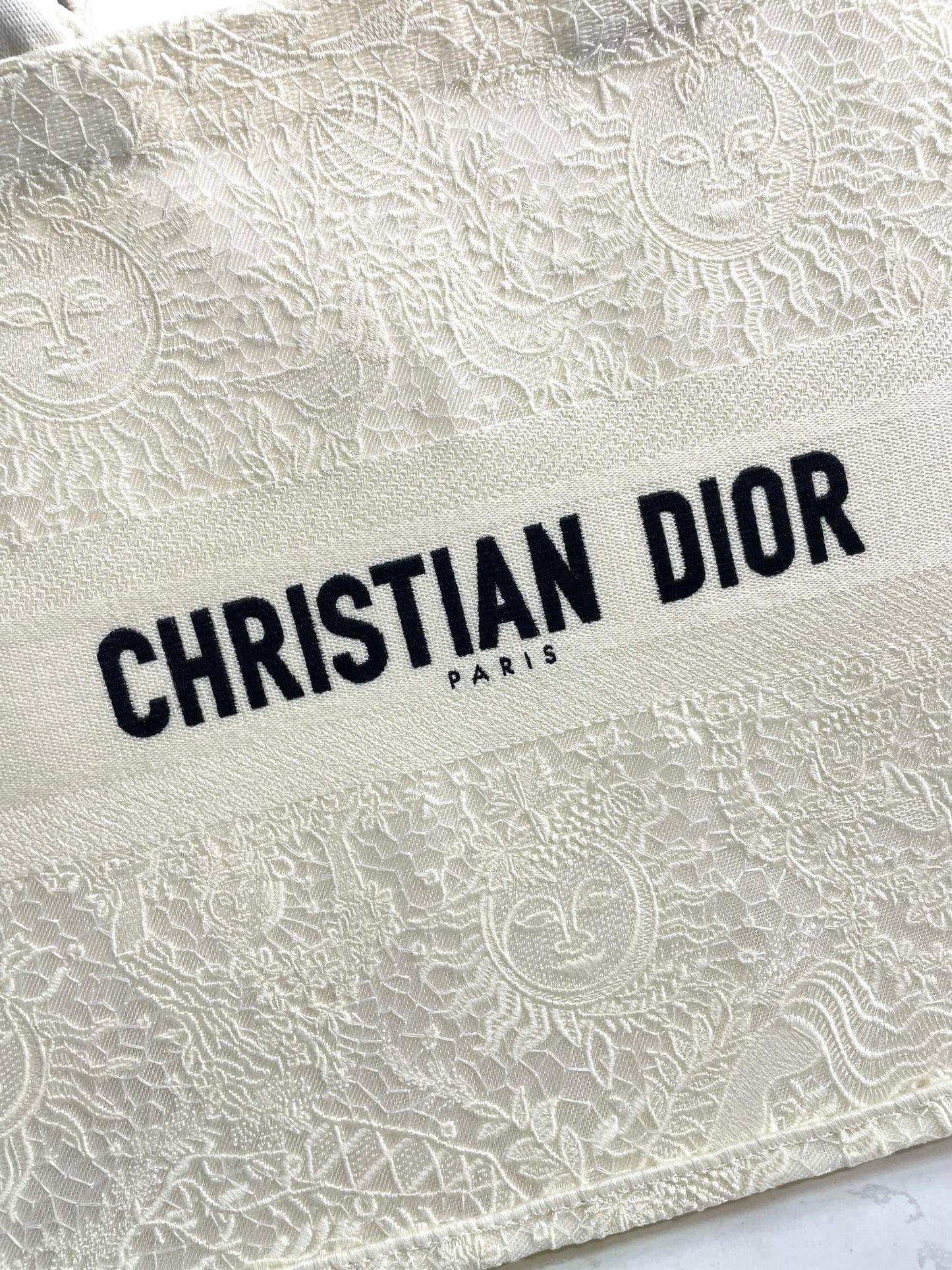 Dior Elegant Beige Embroidered Canvas Tote Bag with Top Handles