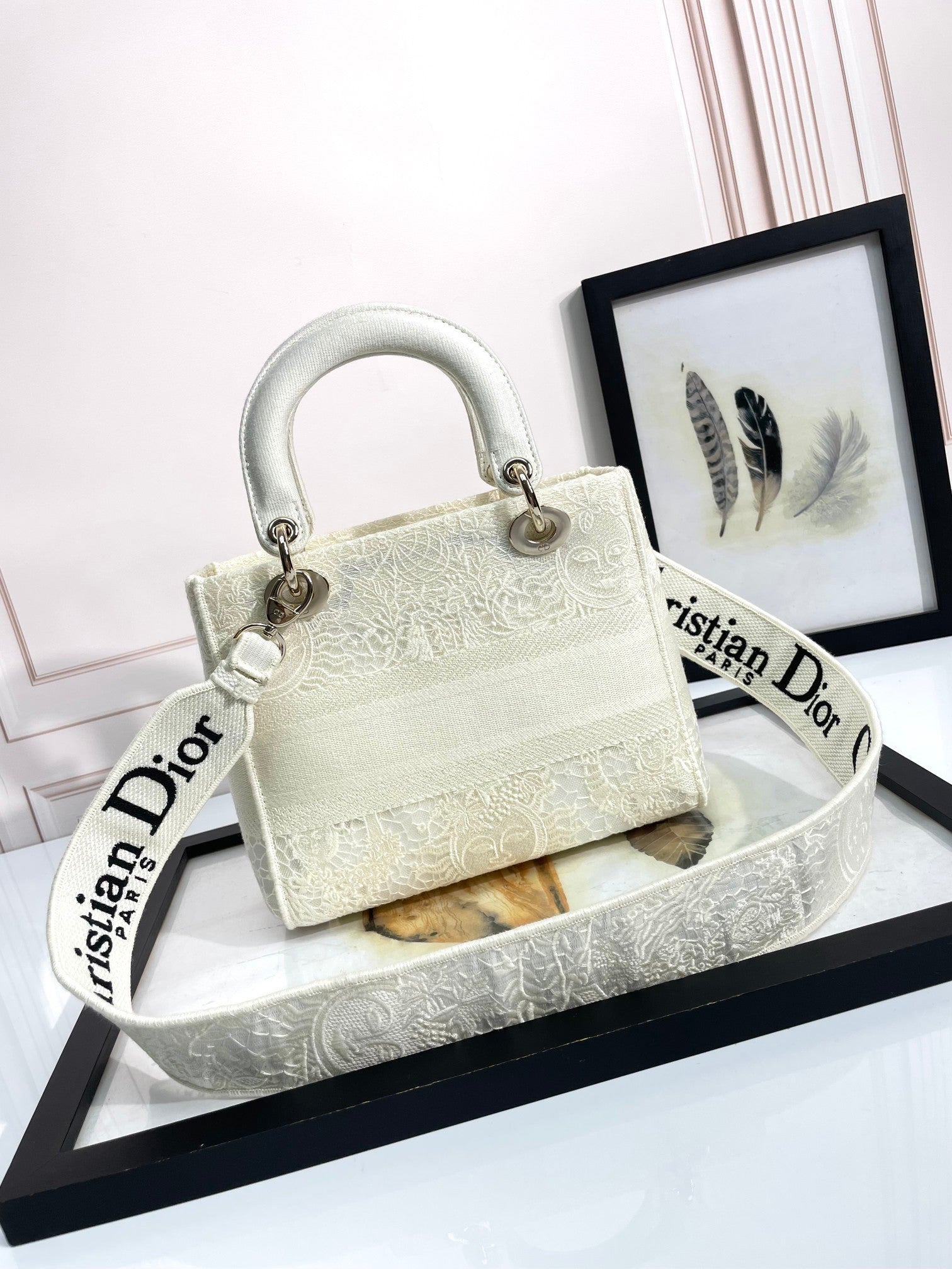 Christian Dior Lady D-Lite Handbag - White Embroidered Canvas