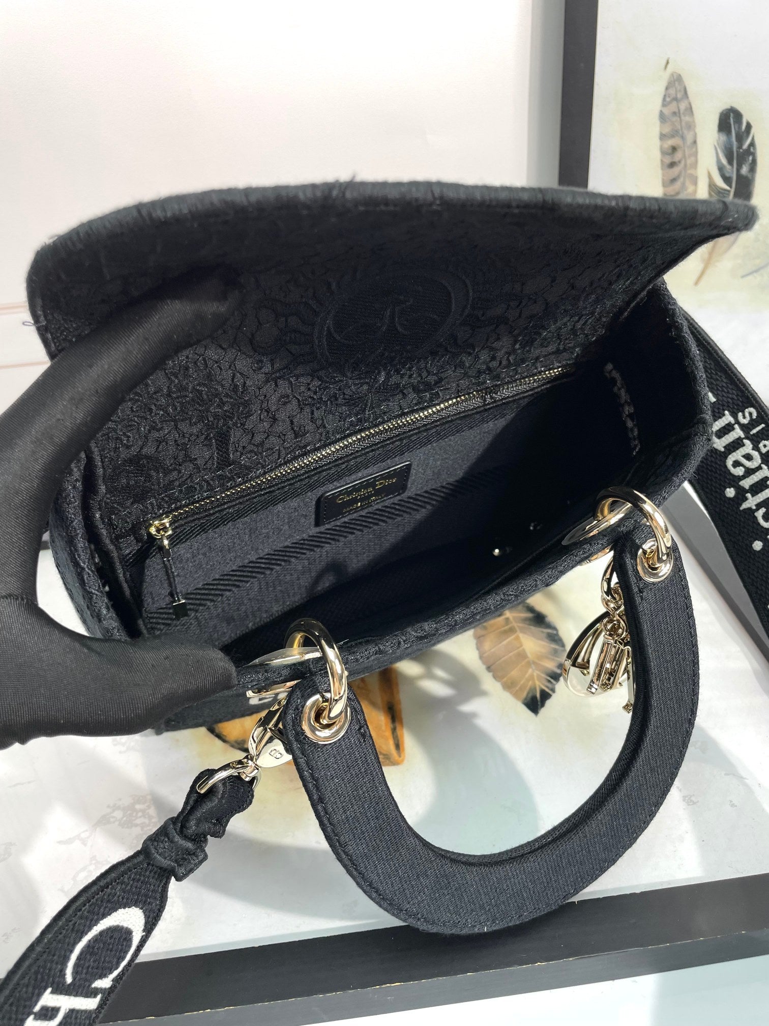 Dior Black Embroidered Canvas Top Handle Tote Bag with Strap
