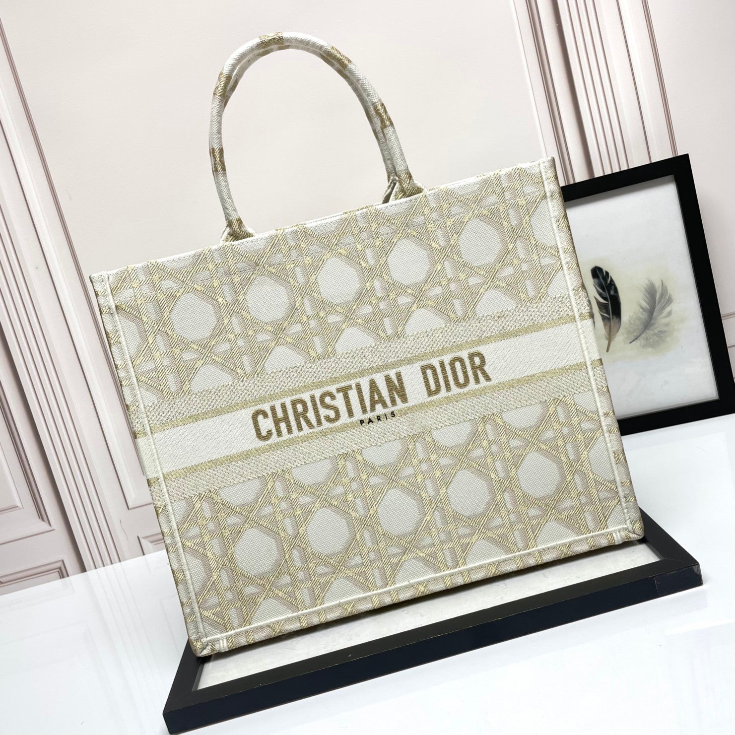 Dior Structured Beige Canvas Tote Bag with Embroidered Geometric Pattern