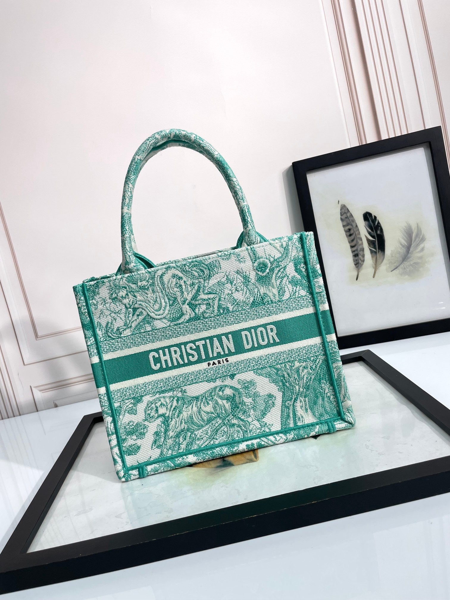 Dior Green Floral Toile Embroidered Canvas Tote Handbag with Top Handles
