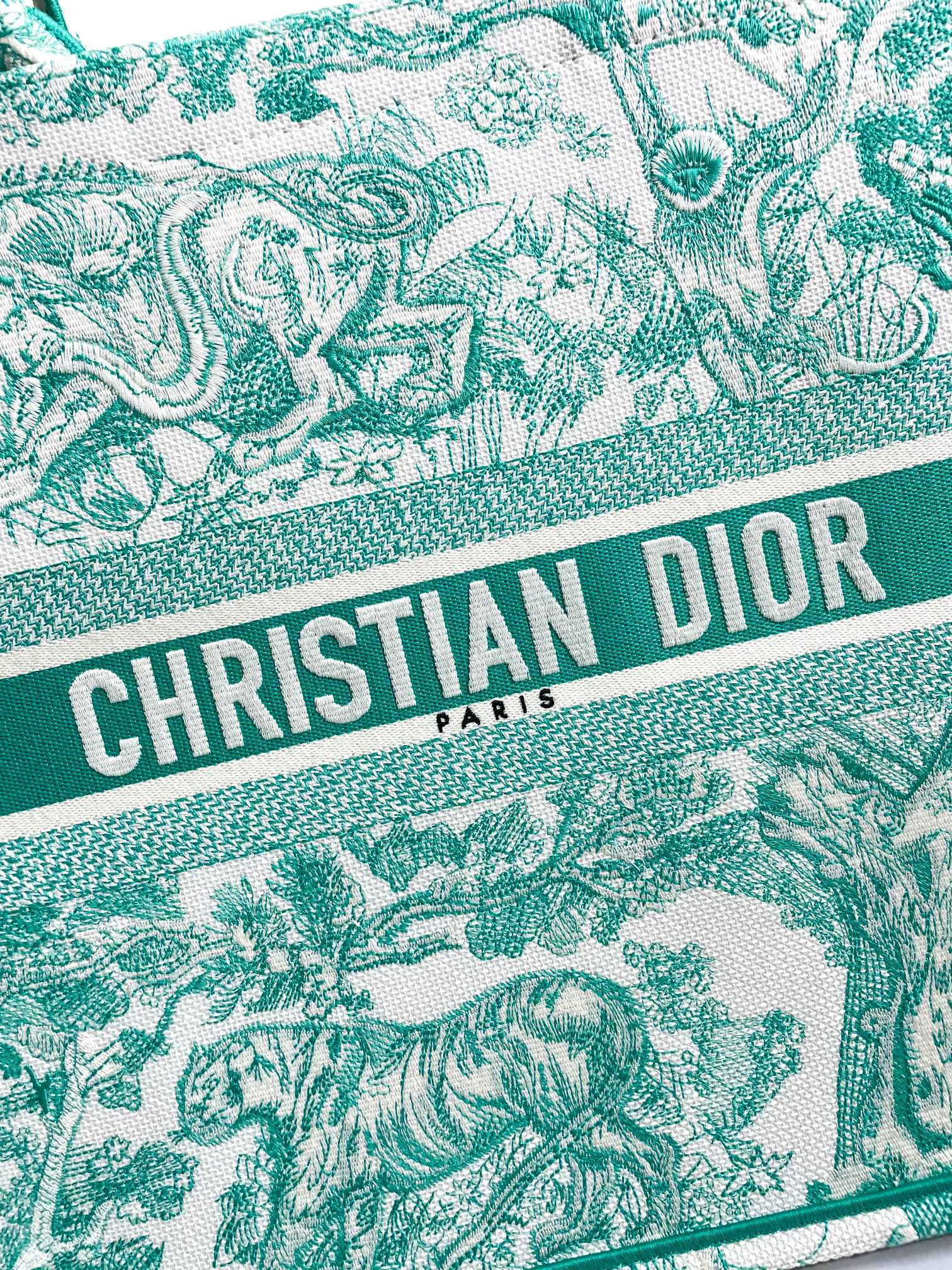 Dior Green Toile Pattern Embroidered Canvas Tote Bag with Top Handles
