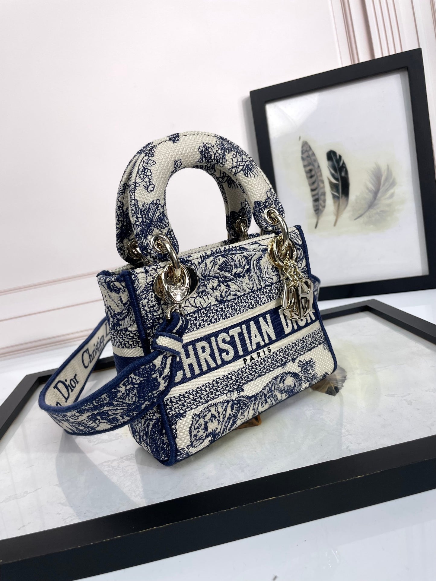 Christian Dior Mini Lady D-Lite Bag - Blue and White Toile de Jouy Embroidery