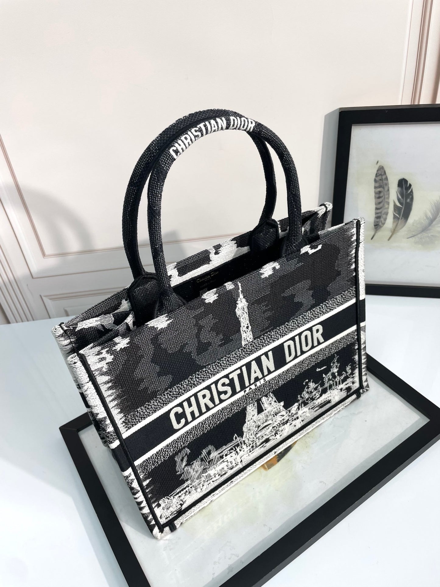 Dior Black and White Paris Eiffel Tower Canvas Tote Handbag