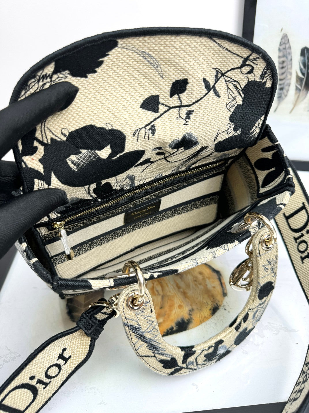 Dior Monochrome Floral Canvas Tote Bag Vintage Style Top Handle Handbag