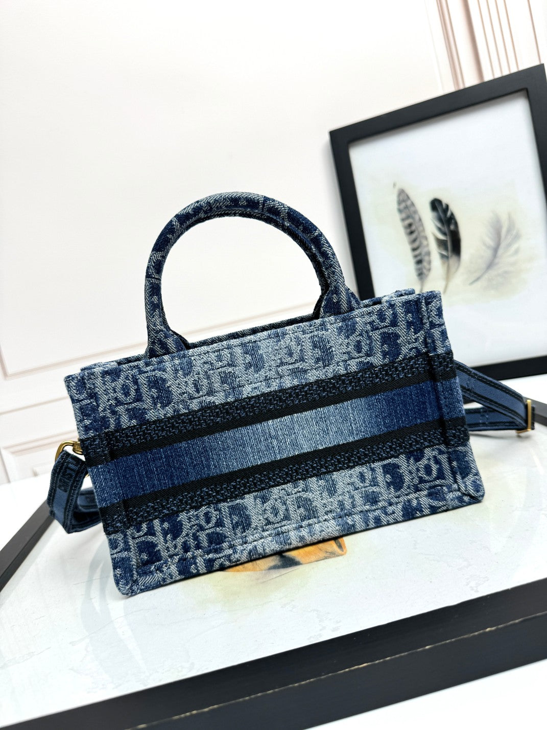 Christian Dior Mini Book Tote Blue Dior Oblique Embroidery Handbag with Strap