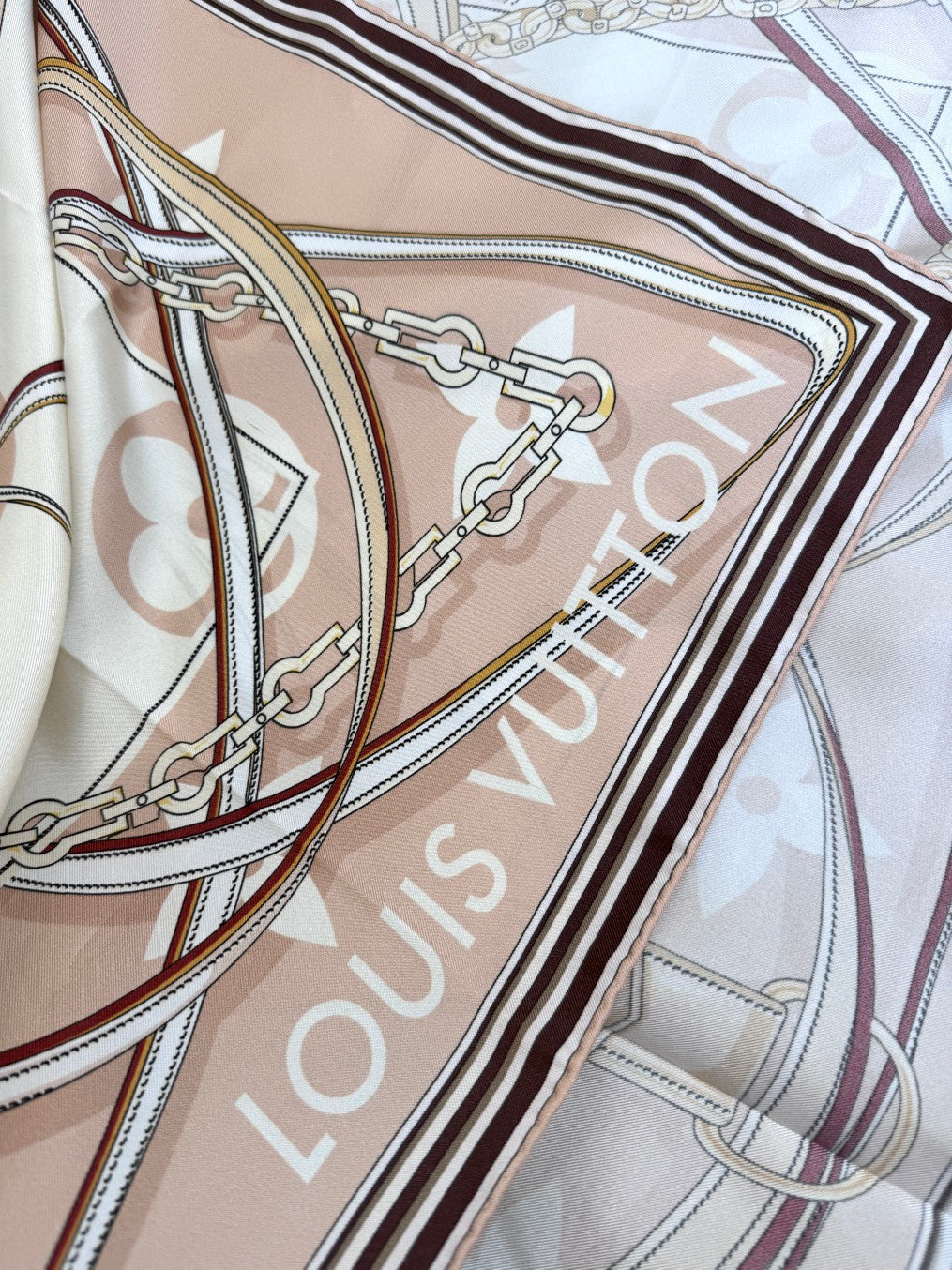 Women's Large Square Silk Satin Scarf - Elegant Champagne and White Patterned Fashion Shawl, Hair Wrap, and Neck Accessory