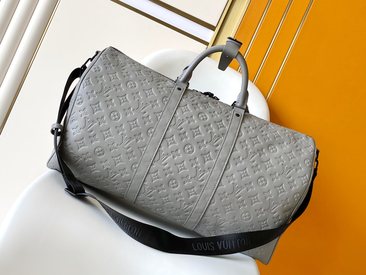 Louis Vuitton Keepall Bandoulière 50 Monogram Shadow Leather Duffel Bag - Grey