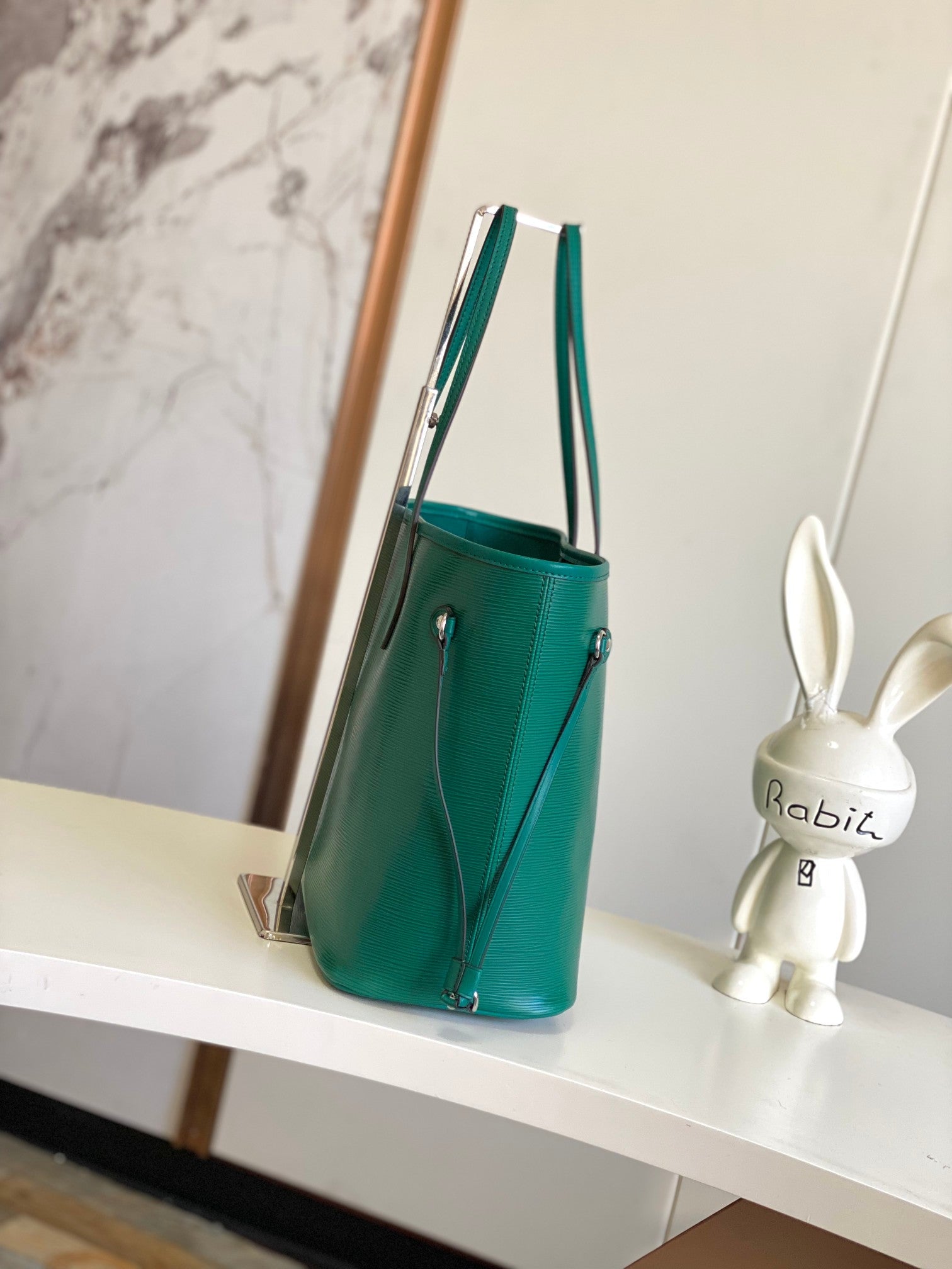 Louis Vuitton Classic Green Textured Leather Tote Bag with Side Drawstrings
