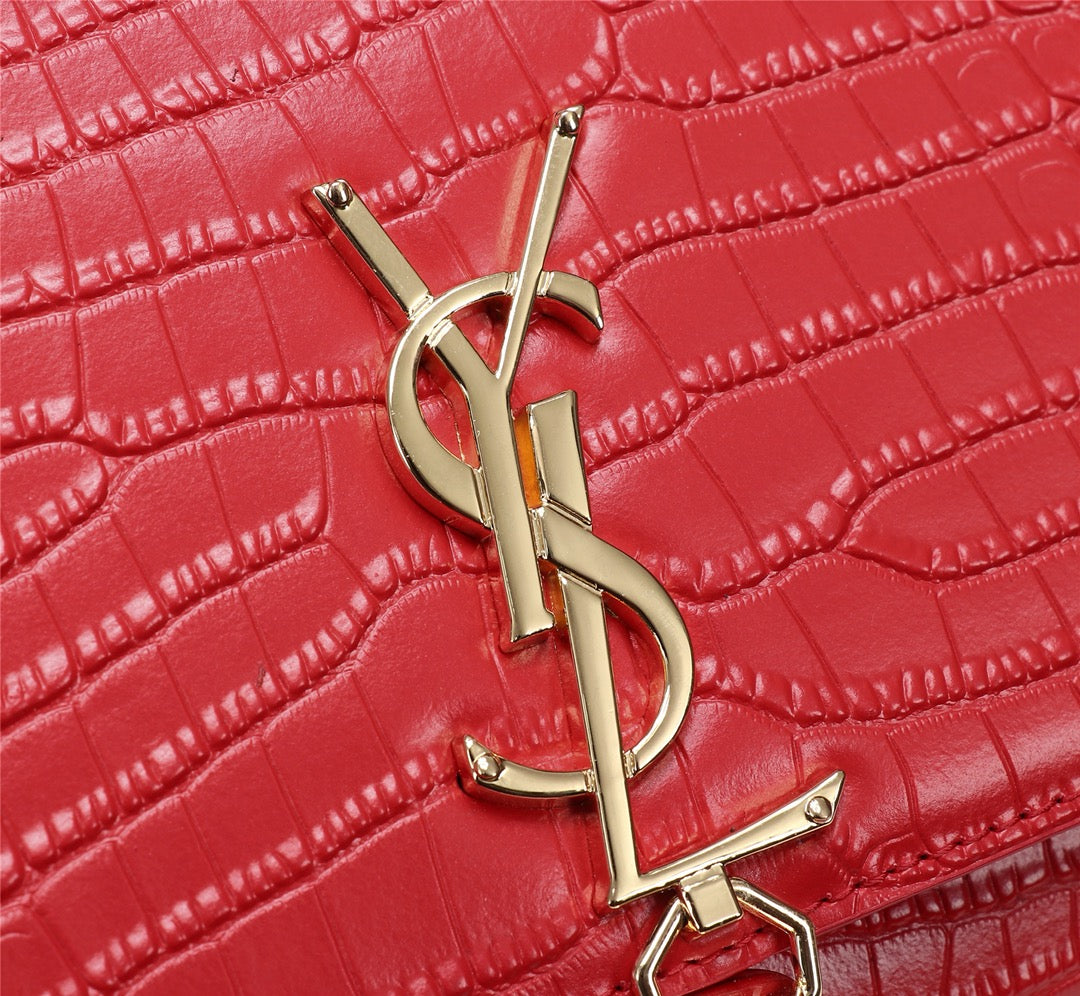 Saint Laurent Kate Tassel Crocodile-Embossed Leather Chain Shoulder Bag - Red