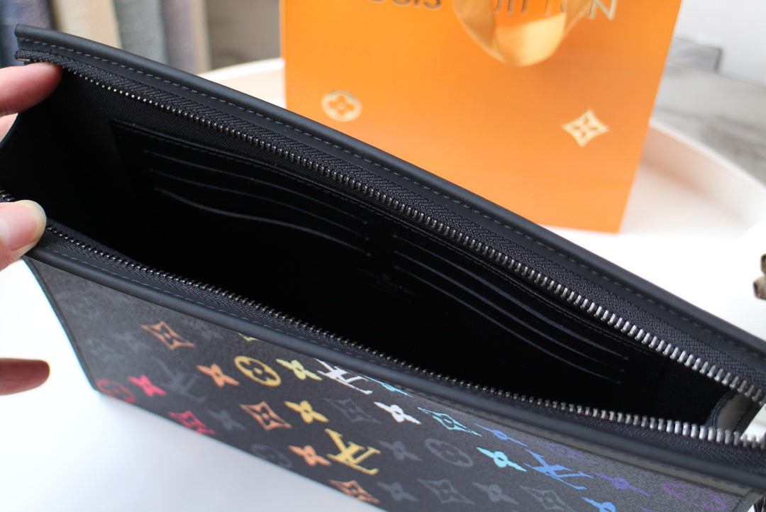 Luxury Monogram Gradient Clutch Bag - Black Designer Pouch with Rainbow Logo