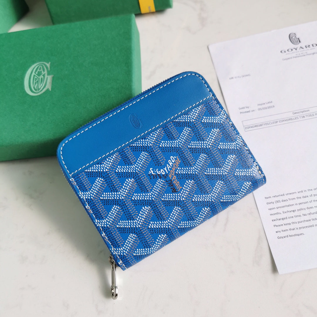 Gogy Blue Geometric Chevron Print Zip Around Leather Card Holder Wallet
