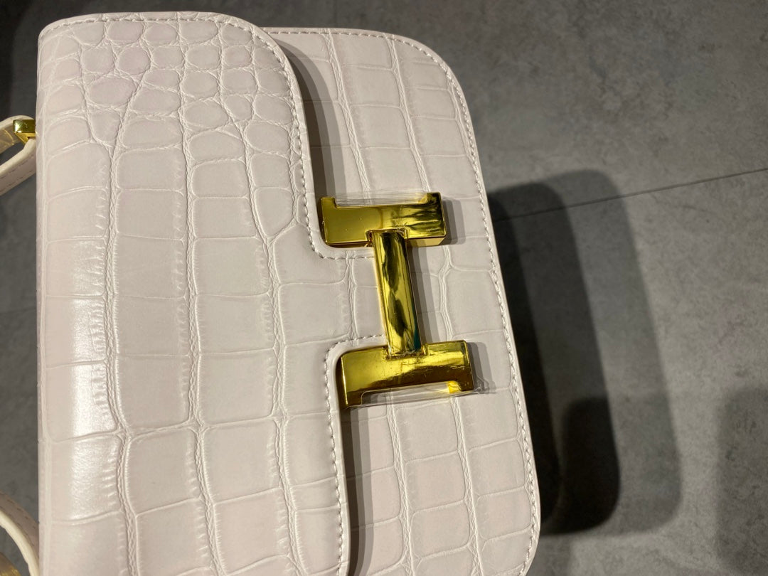 White Textured Mini Crossbody Bag with Gold H-Clasp
