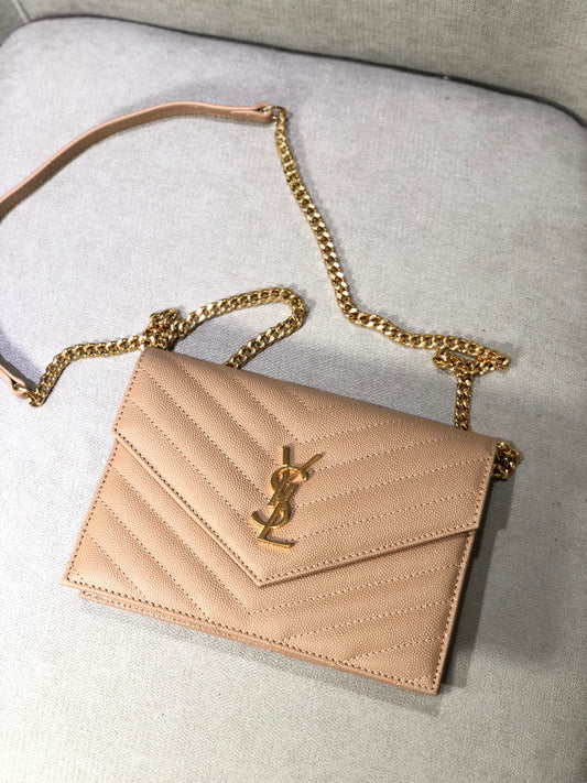 Saint Laurent Cassandre Matelassé Chain Wallet in Grain de Poudre Leather - Dark Nude