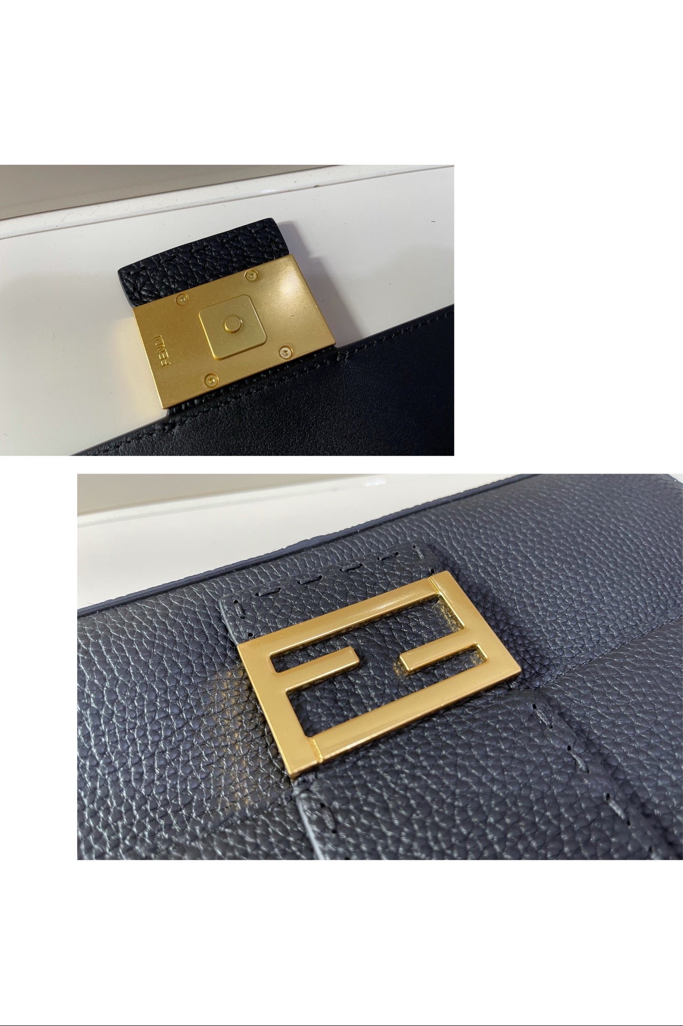 Fendi Black Leather Baguette Shoulder Bag with Gold Hardware