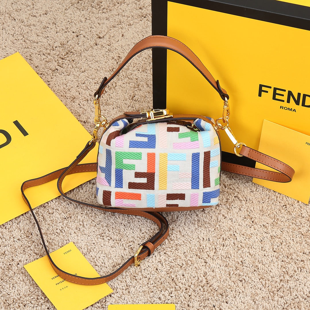 Fendi Mini Mon Tresor Multi-Color FF Logo Canvas Bucket Bag with Tan Leather Trim
