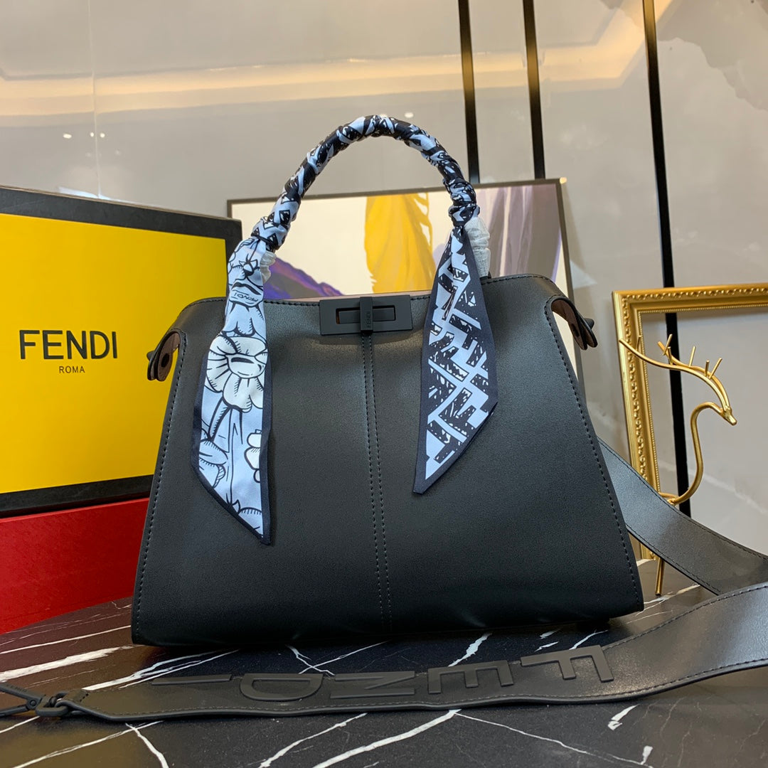 Fendi Black Leather Peekaboo Bag with Scarf Wrapped Handle and Logo Strap