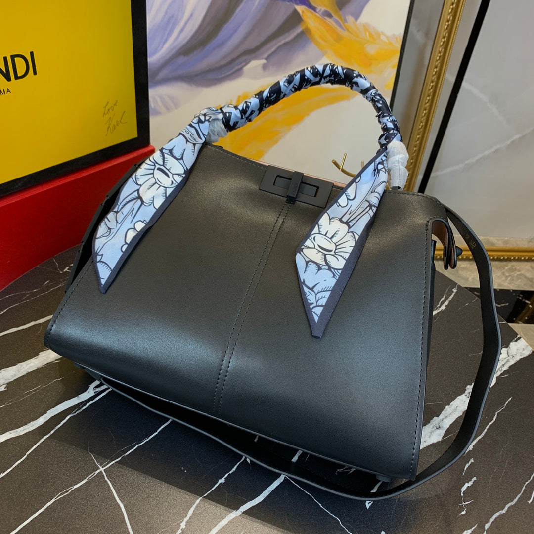 Fendi Black Leather Peekaboo Bag with Scarf Wrapped Handle and Logo Strap