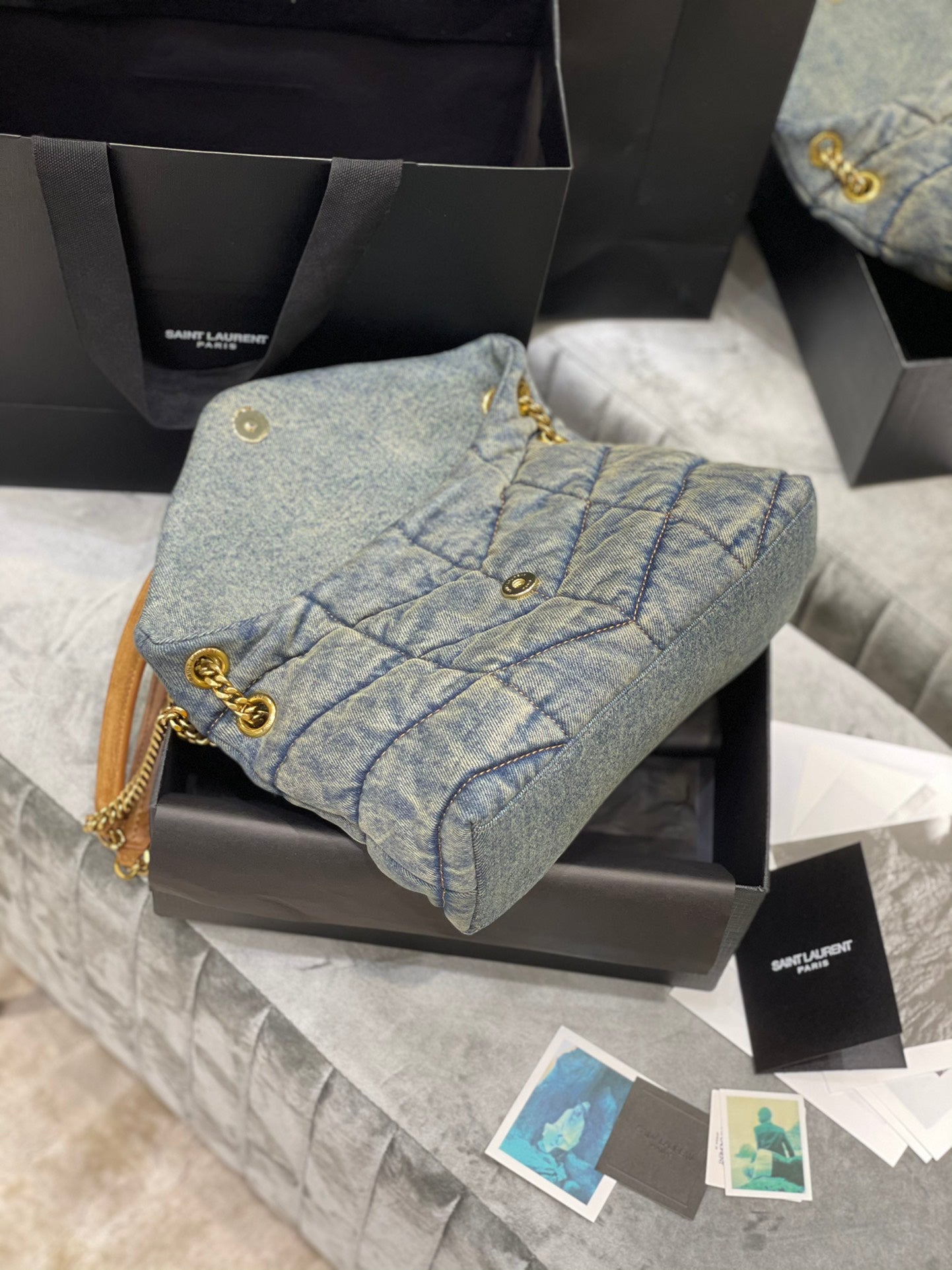 Saint Laurent Medium Loulou Puffer Bag in Quilted Denim and Tan Leather