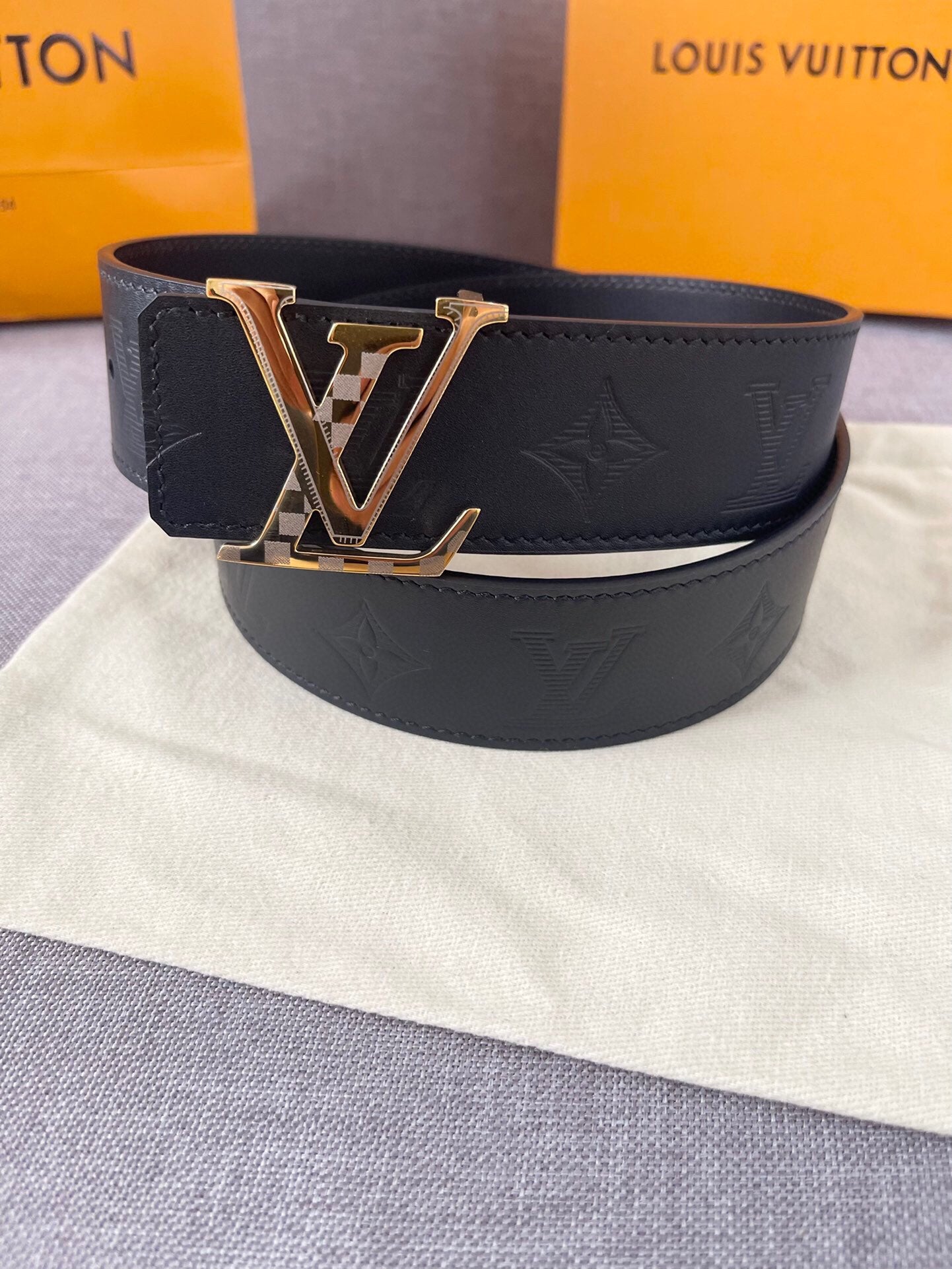 Louis Vuitton LV Initiales Belt Monogram Shadow Black Leather with Gold Buckle, 40mm Men's Designer Fashion Accessory with Box and Dust Bag