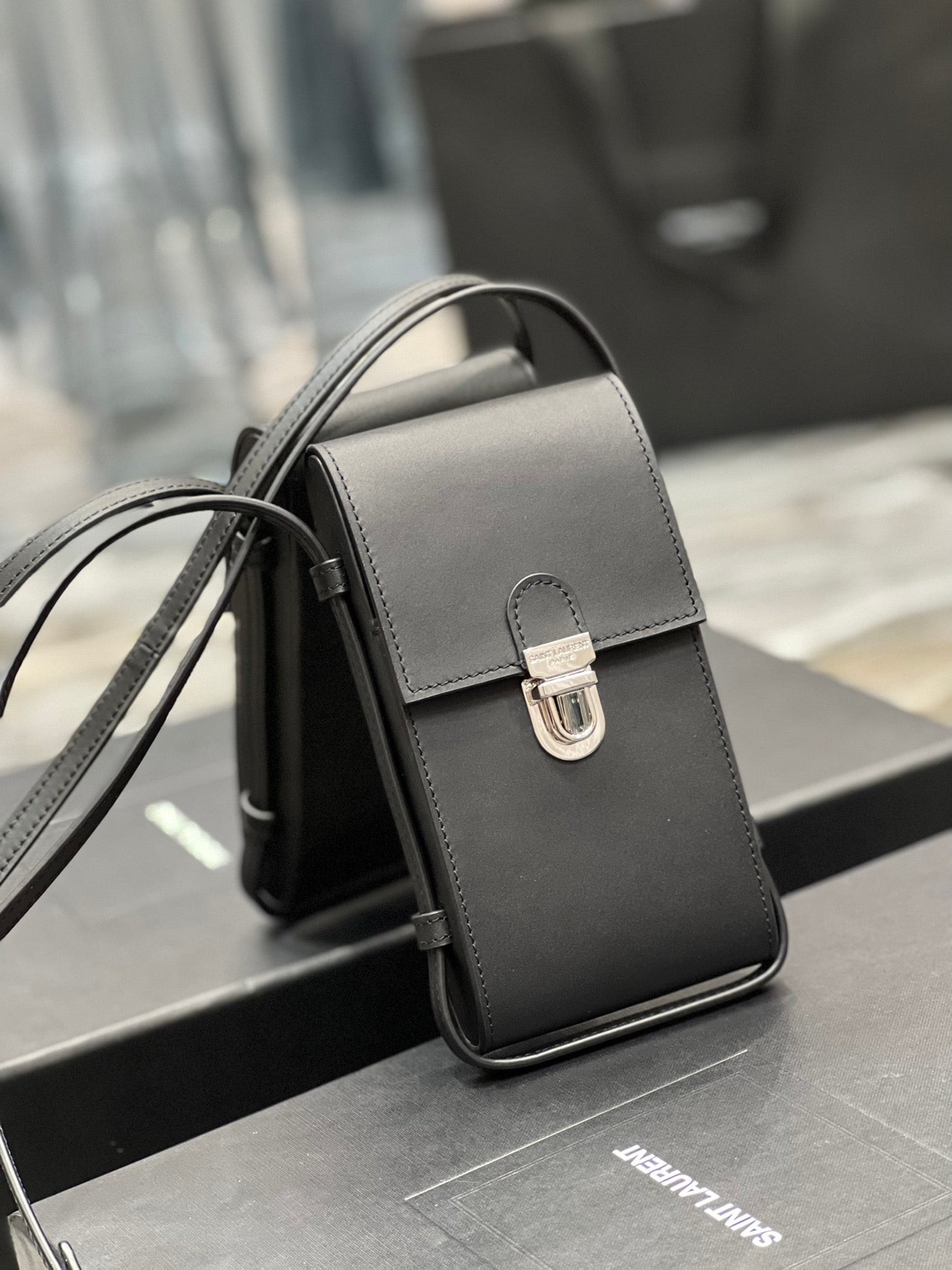 Saint Laurent Black Leather Phone Pouch Crossbody Bag with Silver Clasp