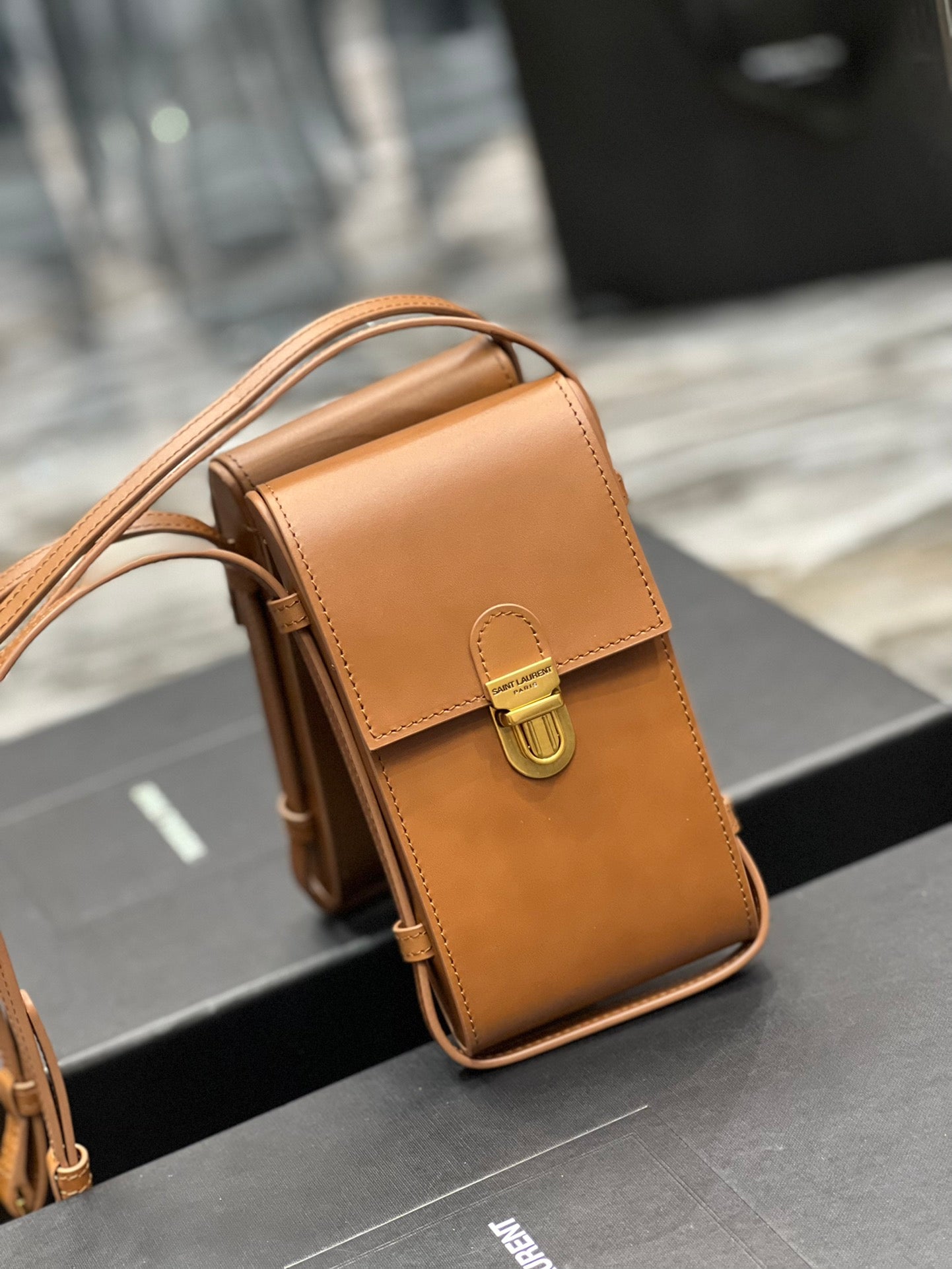 Small Tan Leather Crossbody Phone Bag with Gold-Tone Clasp