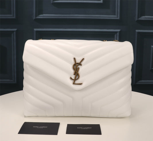 Saint Laurent Loulou Small Matelassé Leather Shoulder Bag - White/Gold