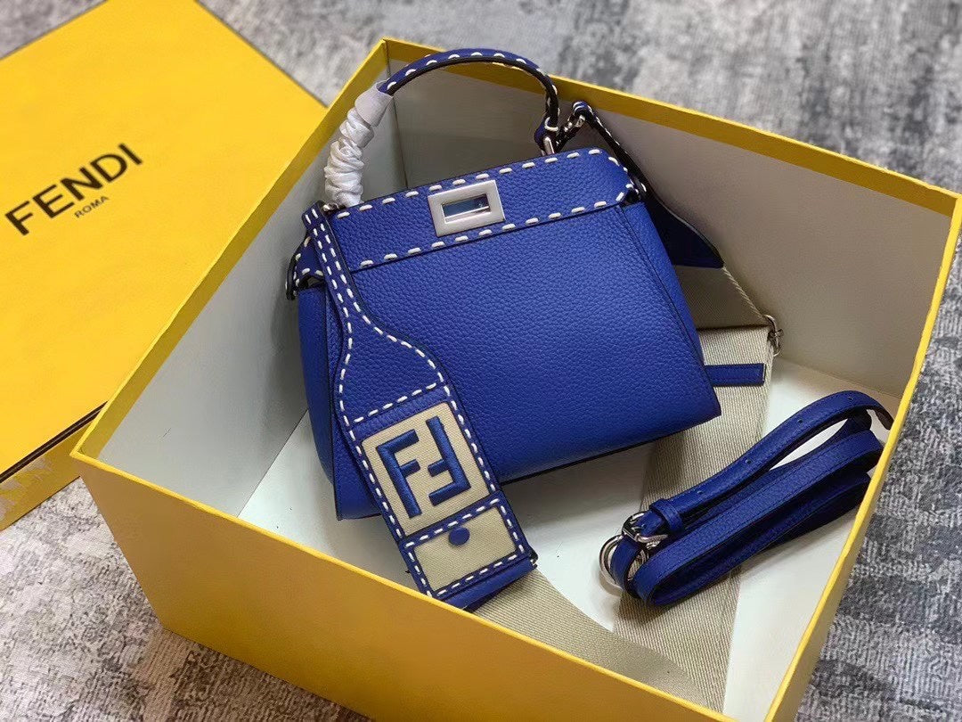 Fendi Electric Blue Leather Handbag with Contrast Stitching and FF Logo Accessory