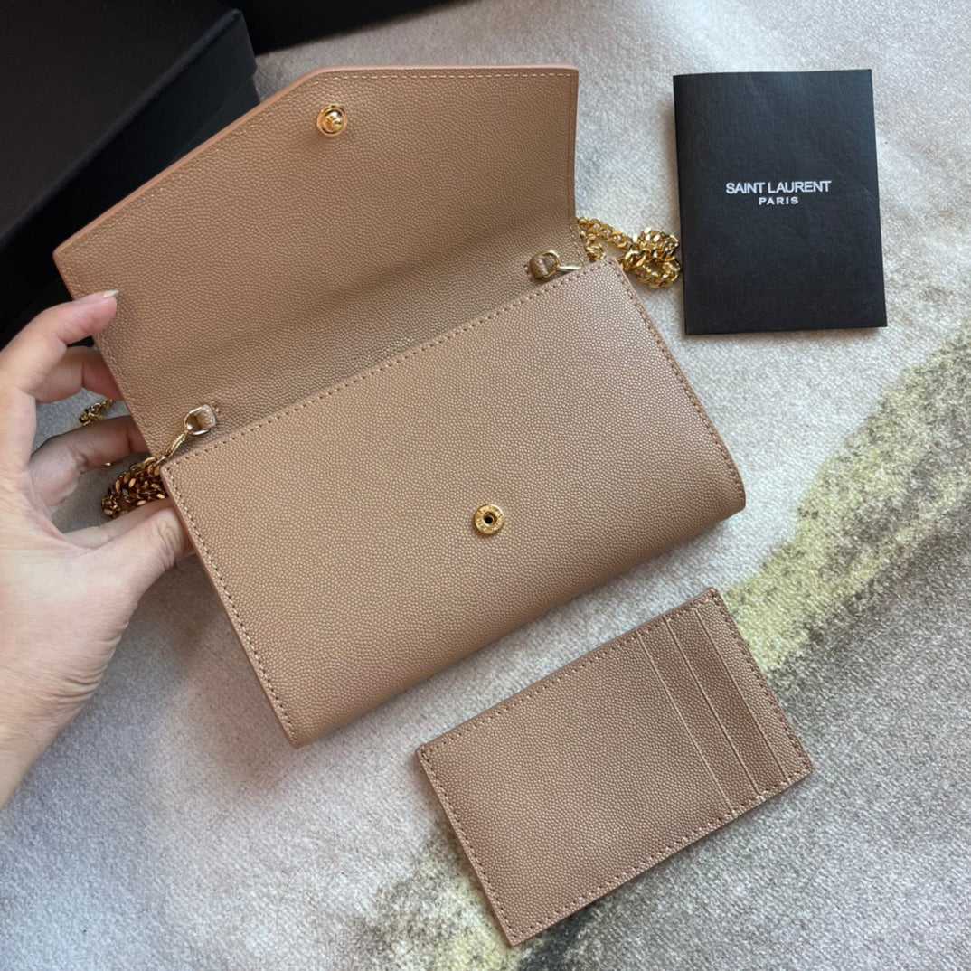 Saint Laurent Uptown Chain Wallet in Beige Leather with Gold-Tone Hardware