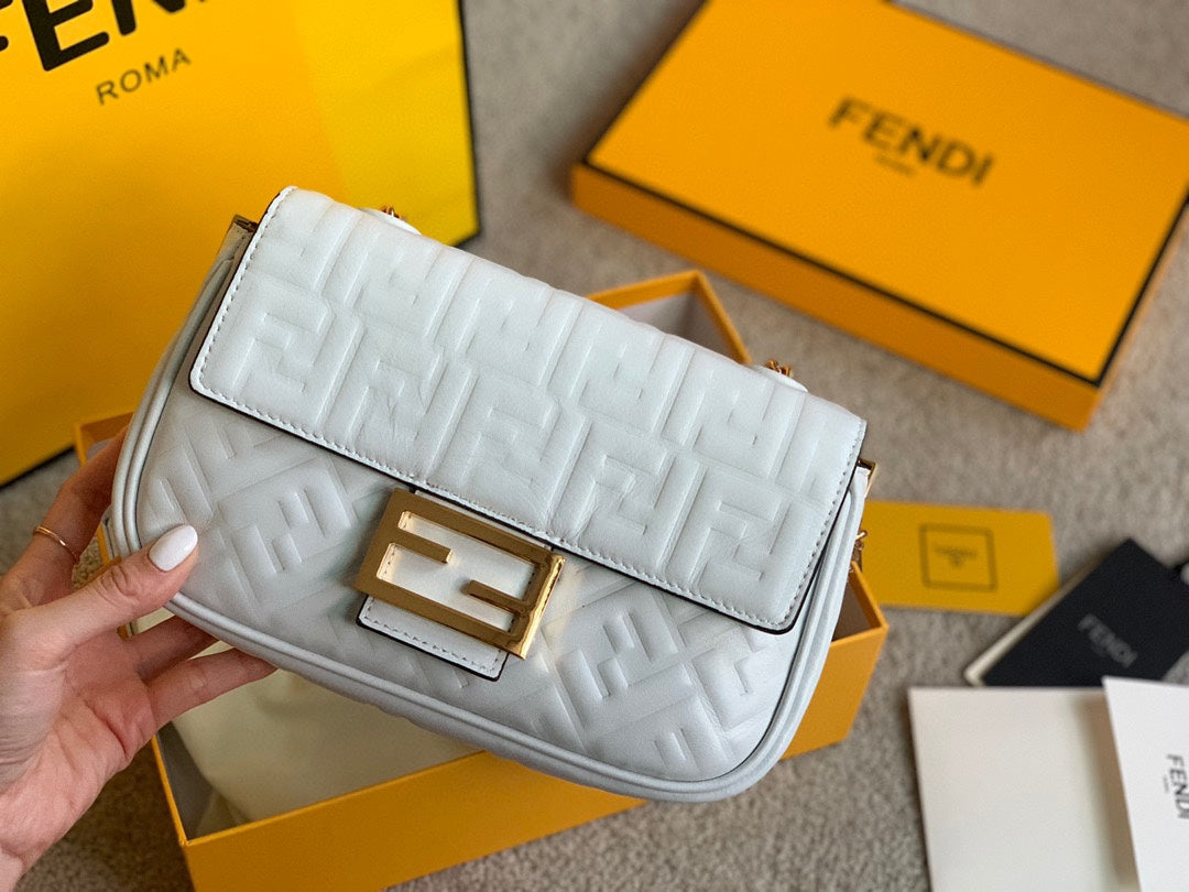 Fendi Baguette White Leather Bag with Embossed FF Logo