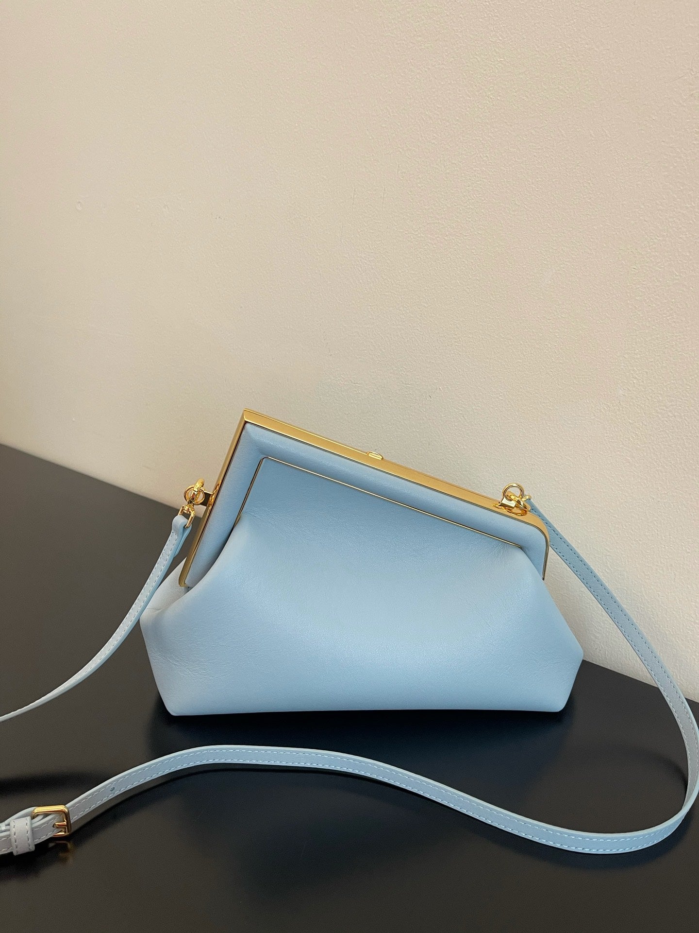 Small Light Blue Leather Frame Clutch - Elegant Asymmetric Crossbody Bag with Gold Hardware