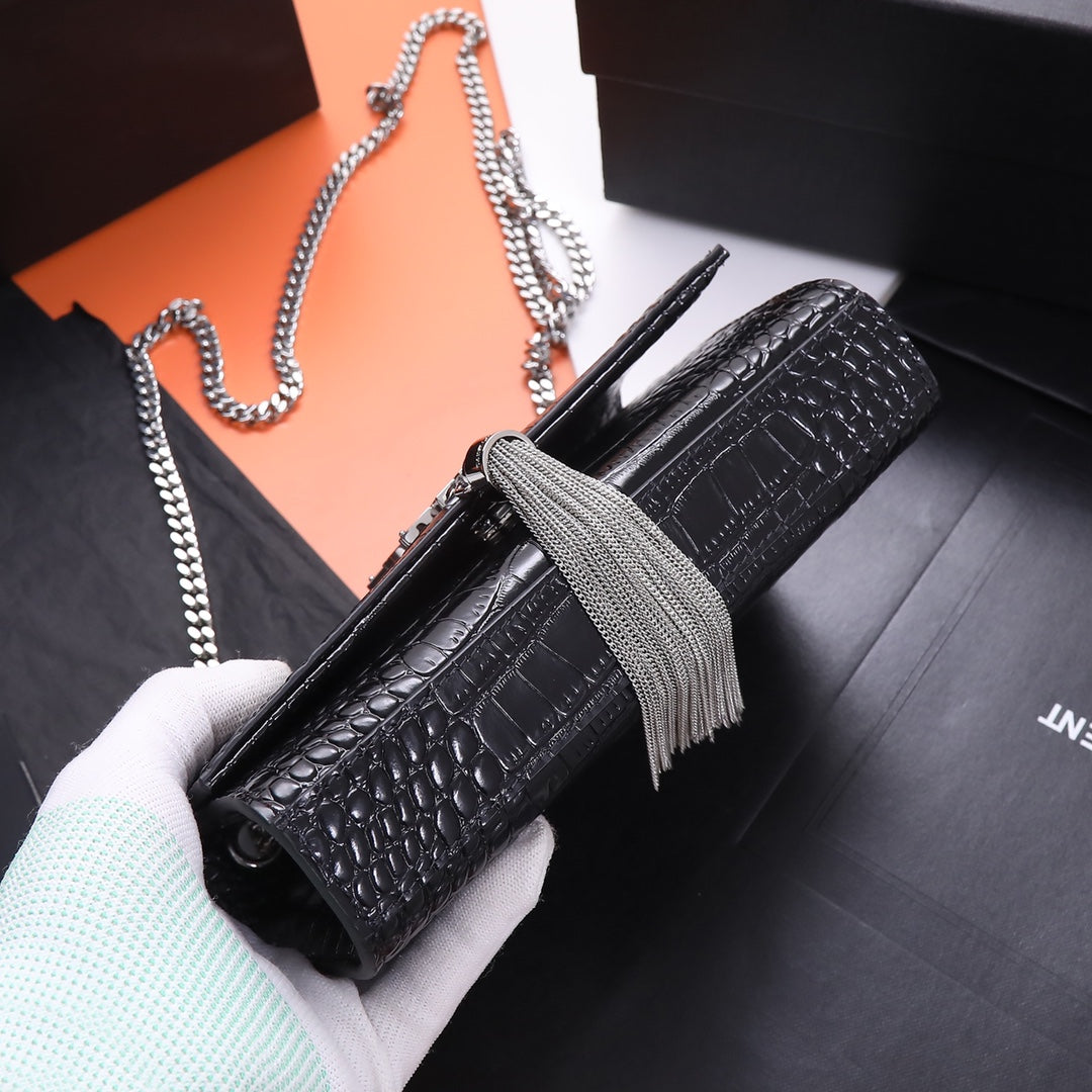 Saint Laurent Kate Small Tassel Bag in Crocodile-Embossed Leather