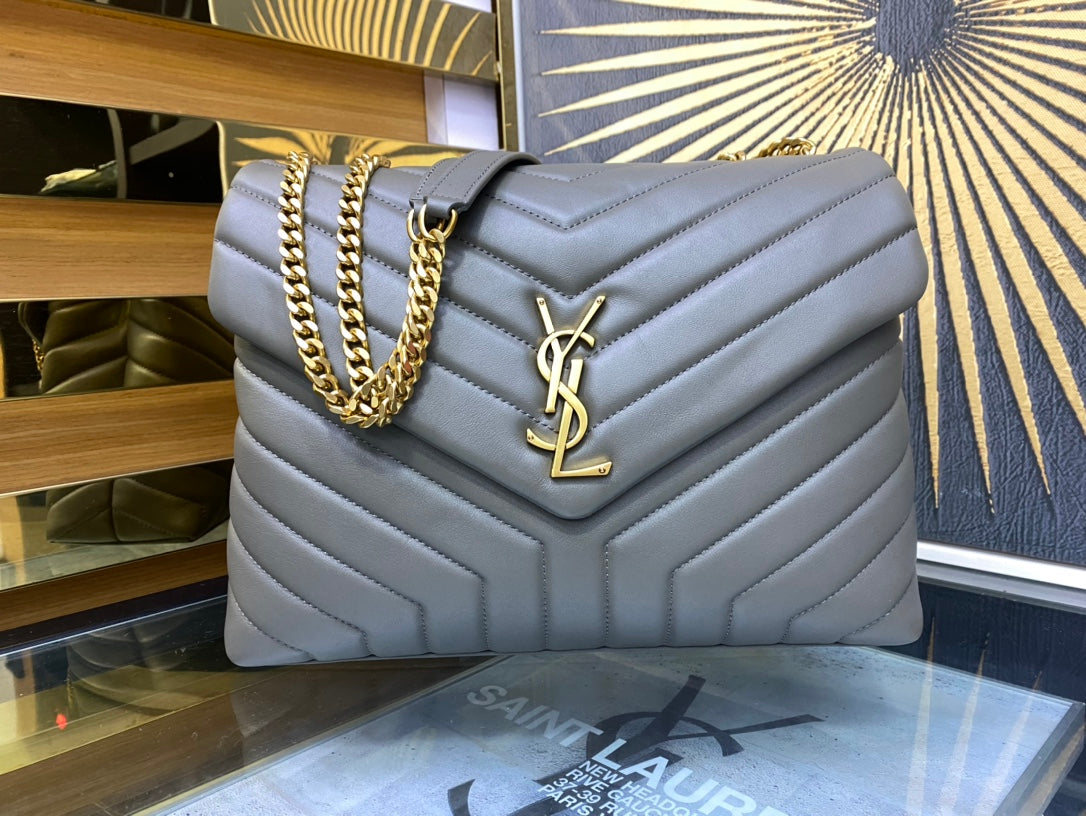 Saint Laurent Loulou Medium Quilted Leather Shoulder Bag - Grey with Gold Hardware