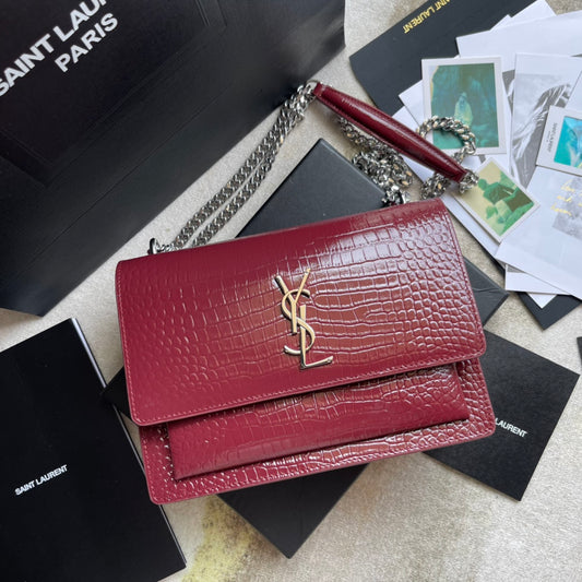 Saint Laurent Sunset Medium Crocodile-Embossed Leather Shoulder Bag - Red