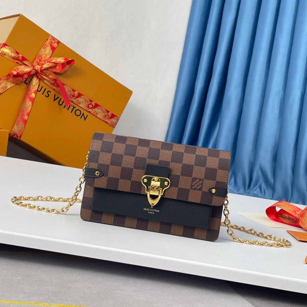 Louis Vuitton Classic Brown Checkered Crossbody Clutch Bag with Gold Chain
