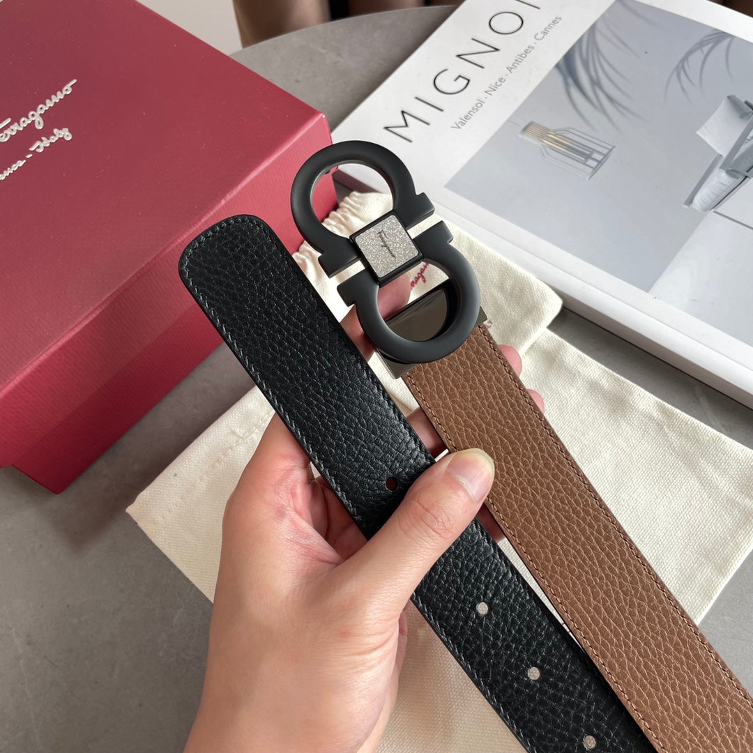 Salvatore Ferragamo Men's Black Pebbled Leather Belt with Matte Black Gancini Buckle, 35mm
