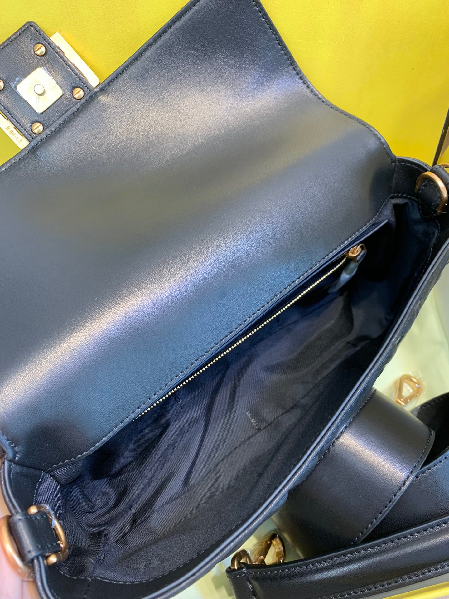 Fendi Black Embossed Nappa Leather Baguette Shoulder Bag with Gold Hardware