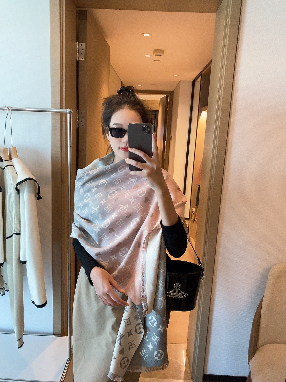 Women's Monogram Print Shawl Scarf - Pink and Navy Blue Gradient Large Pashmina Wrap