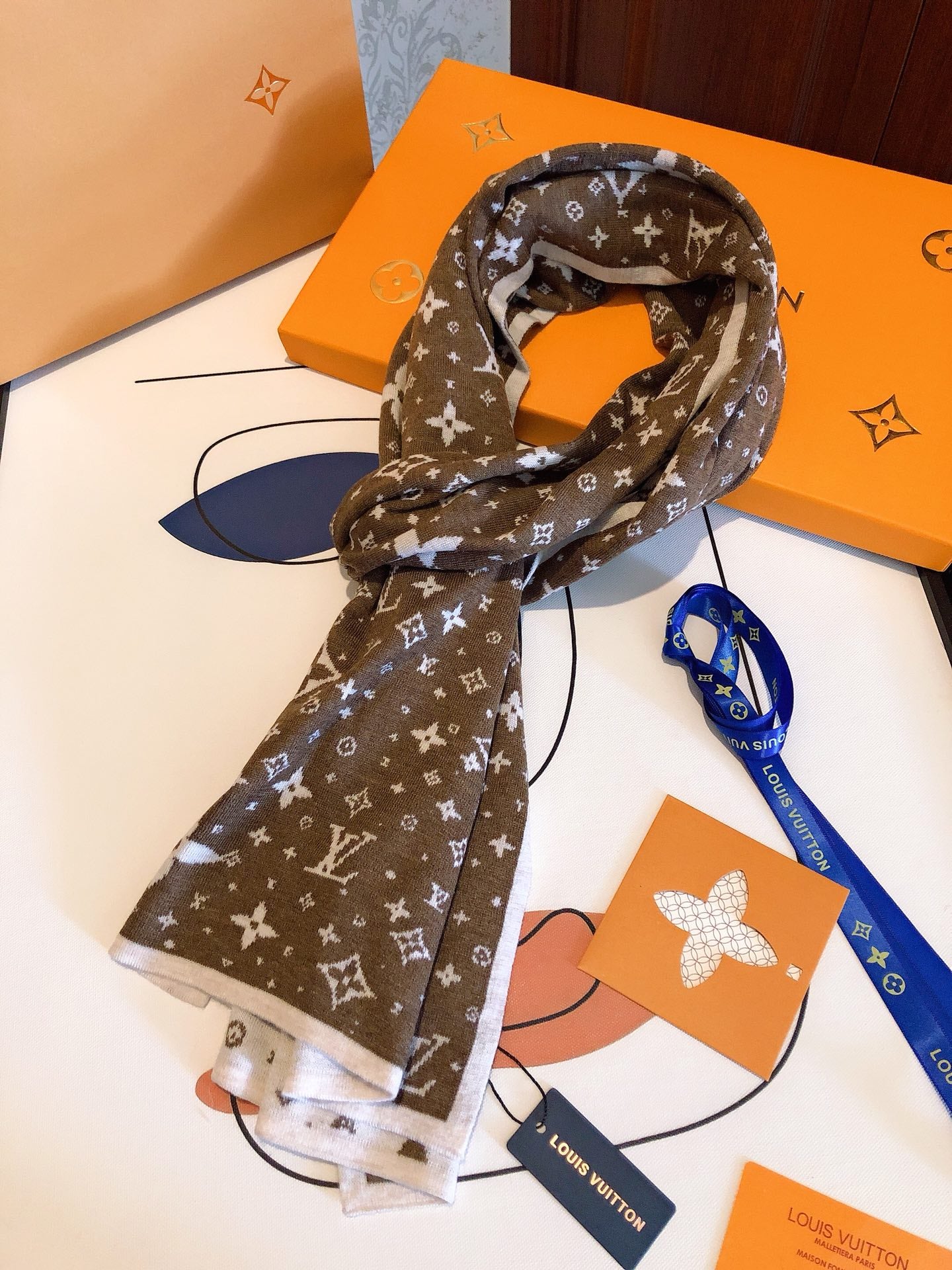 Luxury Brown Monogram Print Scarf for Women, Elegant Silk Blend Fashion Neck Wrap with White Trim