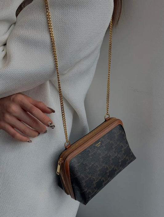 Women's Monogram Patterned Crossbody Bag with Gold Chain Strap - Black/Brown