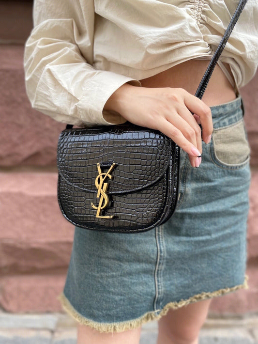 Saint Laurent Small Kaia Crossbody Bag - Black Crocodile-Embossed Leather