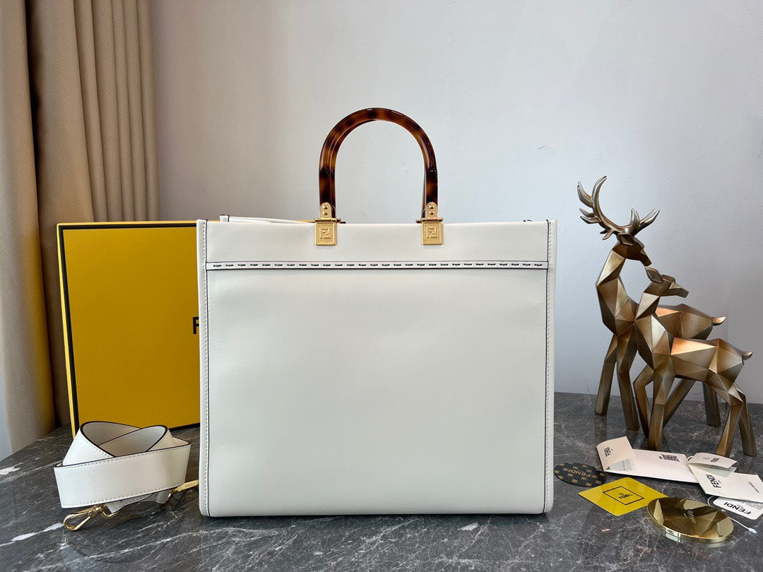Fendi Sunshine Medium Tote Bag - White Leather with Tortoiseshell Handles