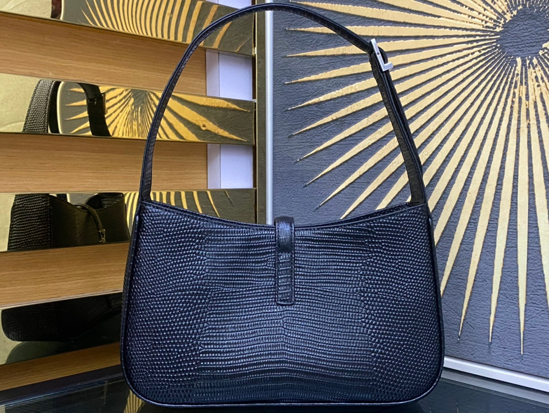 Saint Laurent Le 5 à 7 Lizard-Embossed Leather Hobo Bag - Black