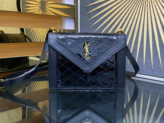Saint Laurent Cassandra Black Patent Leather Lattice Shoulder Bag