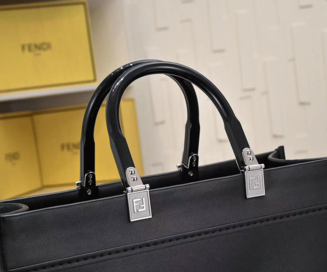 Fendi Sunshine Medium Shopper Tote Bag - Black Leather with White Logo