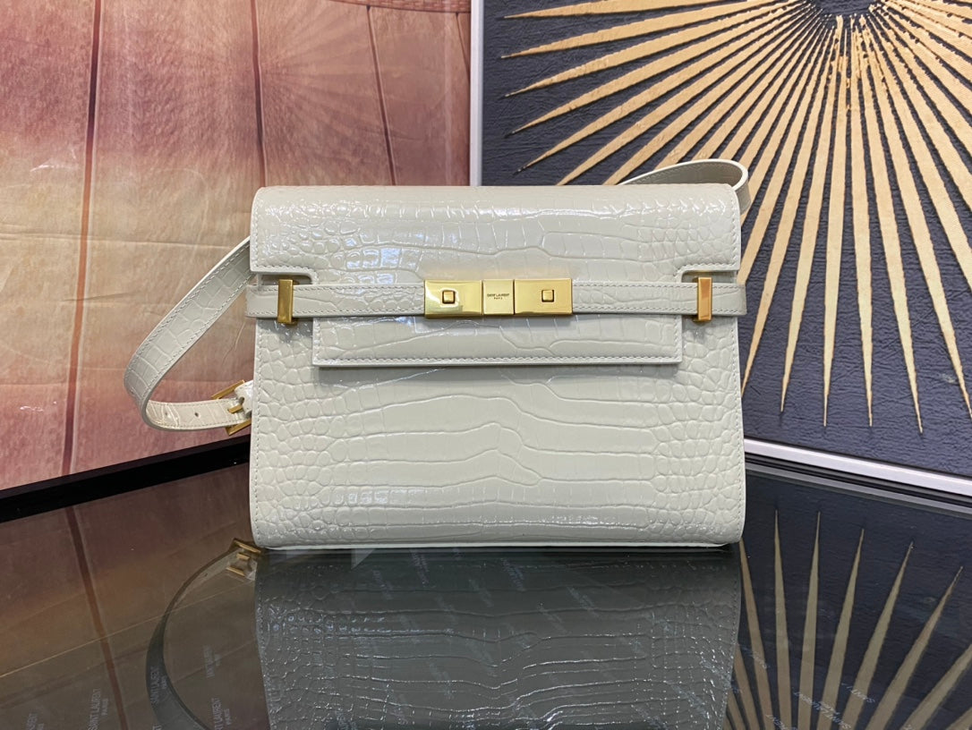 Elegant Croc-Embossed Leather Crossbody Bag with Gold-Tone Hardware - Cream